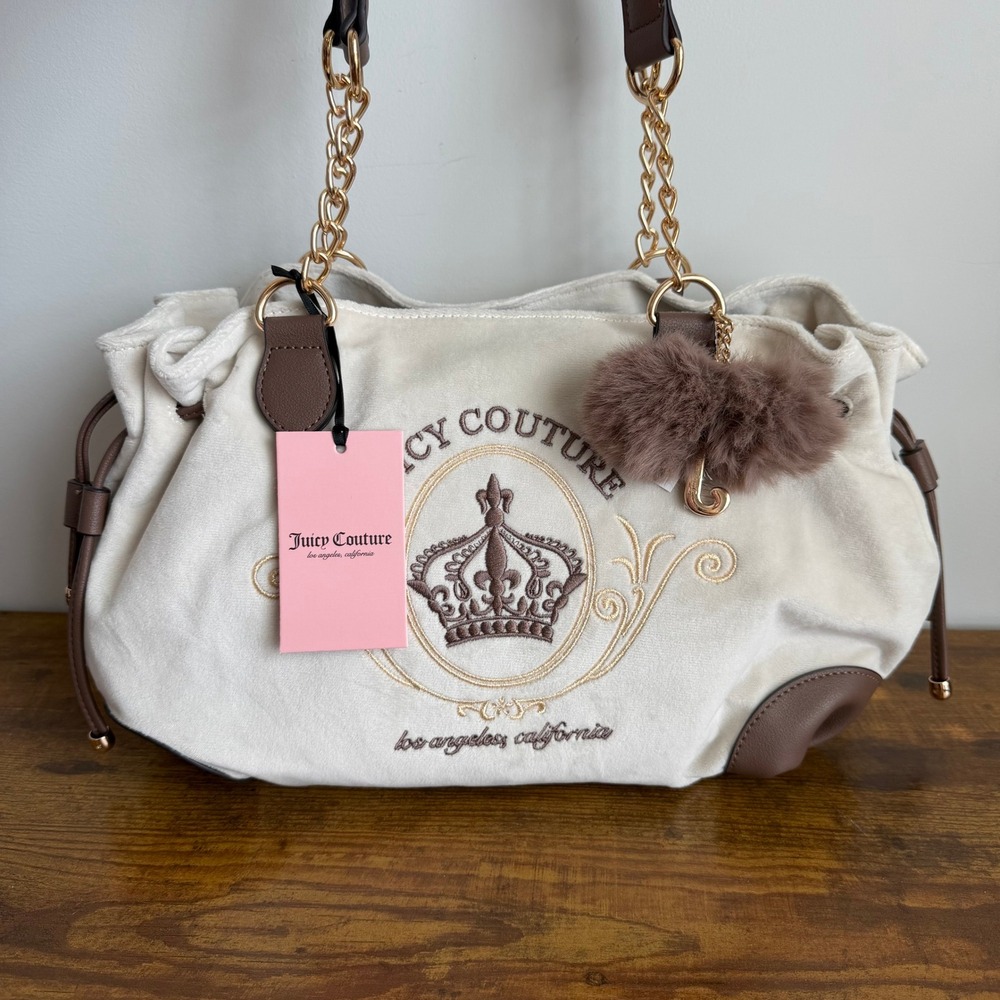 New Juicy Couture Magnifique Crystal White Brown Satchel Shoulder Handbag Y2K